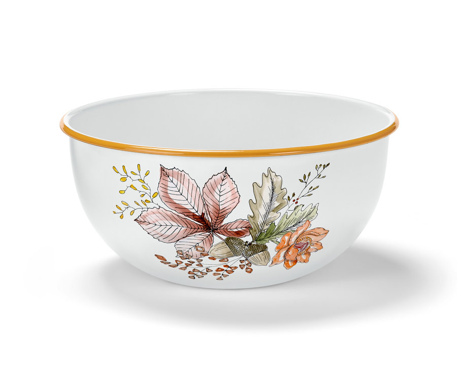 Weiße Emaille-Schüssel mit braunen und orangen Blumenmustern.