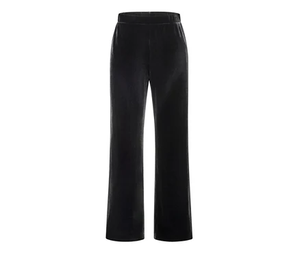Eine schwarze Samt-Palazzohose auf einem weißen Hintergrund.