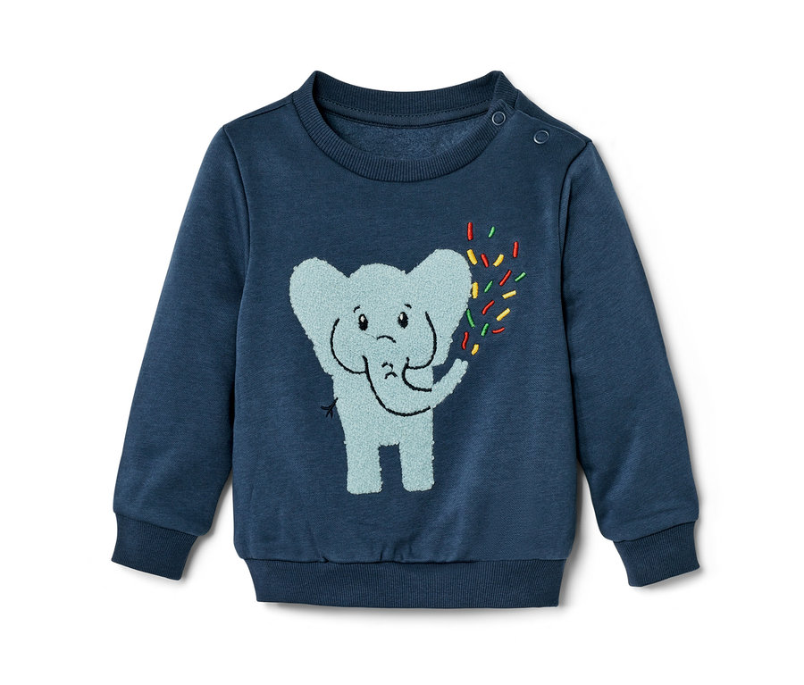 Blaues Kinder-Sweatshirt mit Elefantenmotiv und bunten Konfettis.