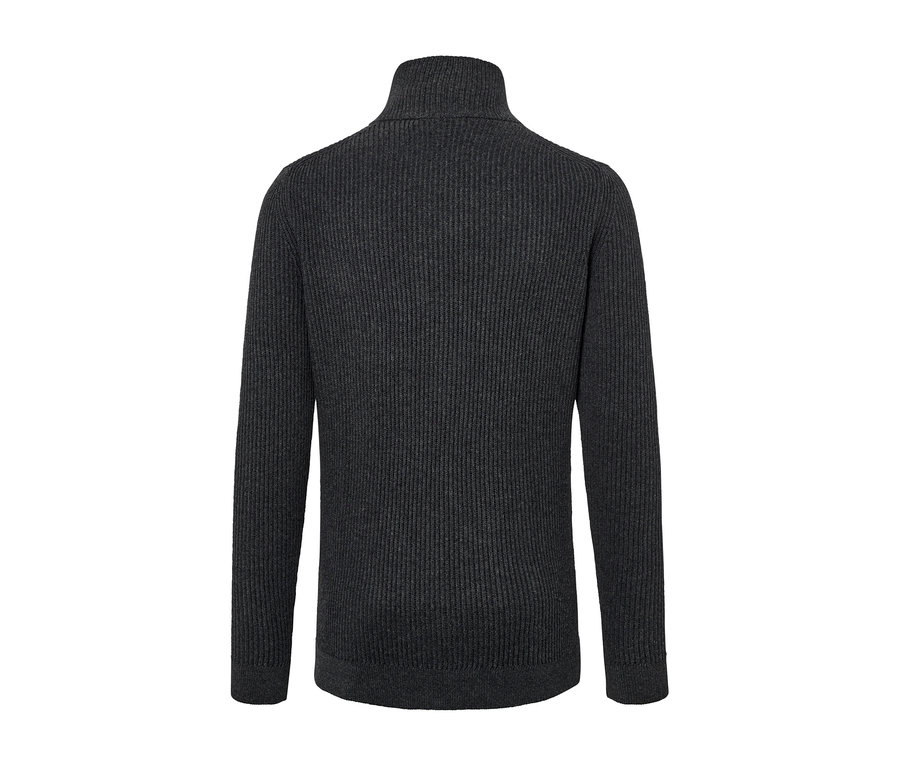 Rückansicht einer anthrazit melierten Strickjacke.