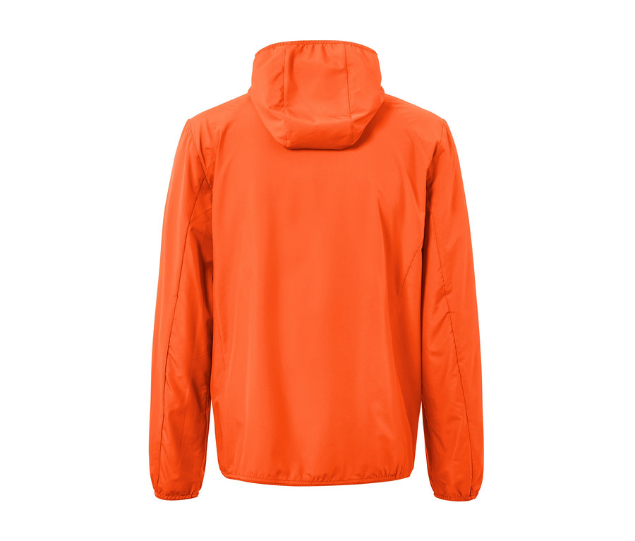 Rückansicht der orangefarbenen, leichten Funktionsjacke »packable«.