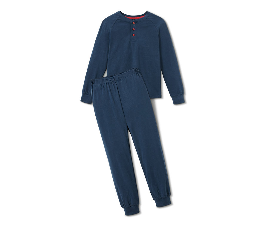 Blauer Kinder-Pyjama mit langen Ärmeln und Hosen.