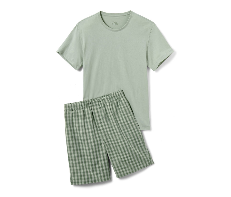 Ein Shorty-Pyjama mit gewebter Hose ist zu sehen.