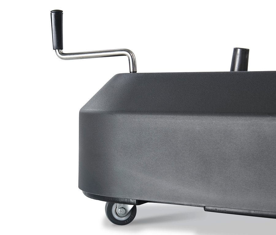 Detailansicht eines grauen Leco Premium-Ampelschirmständers ca. 300 x 300 cm mit Rollen und Kurbel.