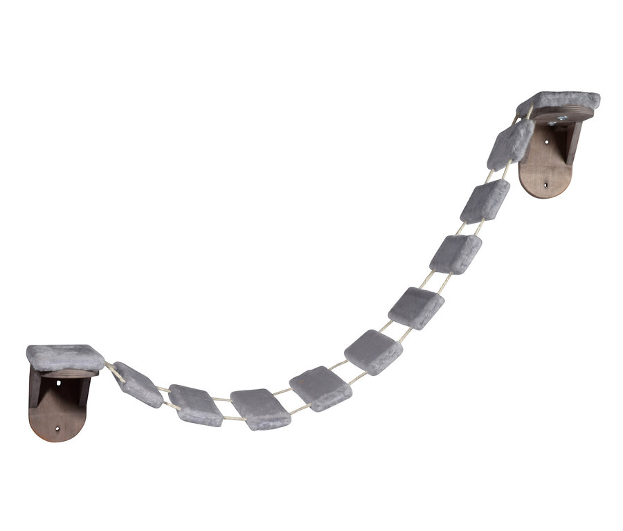 Graue Katzenlaufbrücke an zwei Holzplattformen befestigt, Katzenmöbel-Set.