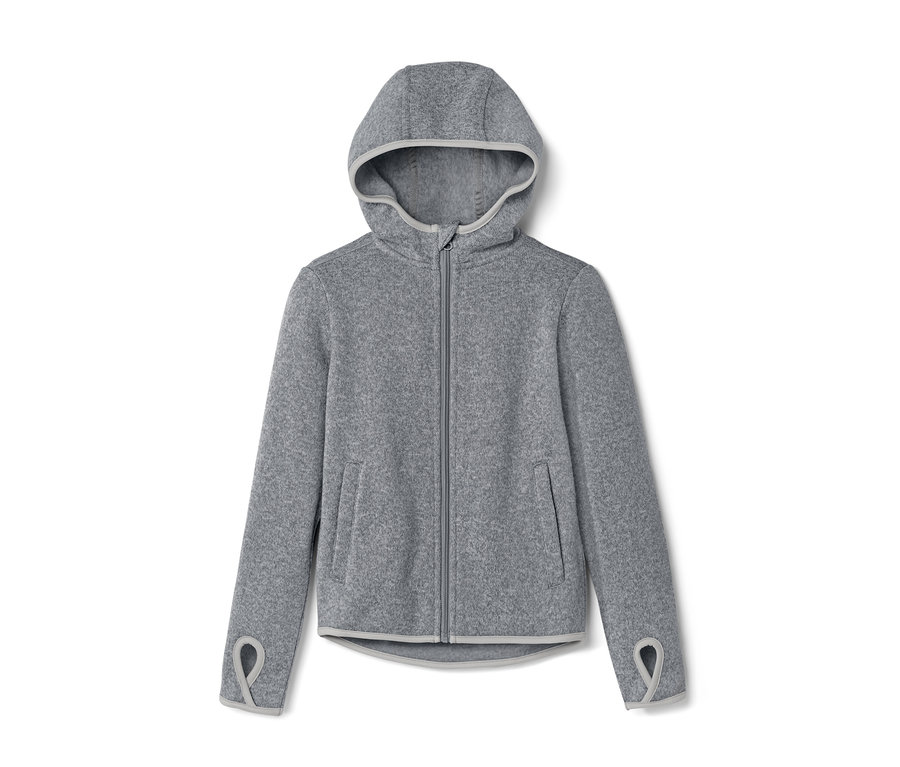 Graue Kinder-Strickfleecejacke mit Kapuze und Reißverschluss.