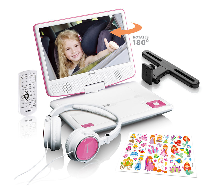 Lenco portabler DVD-Player »DVP-920PK« mit Zubehör. Auf dem Bildschirm ist ein lächelndes Mädchen im Auto zu sehen.