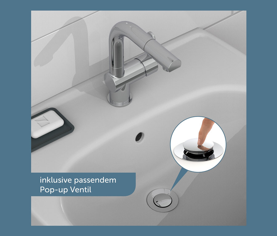 Waschbecken mit verchromter SCHÜTTE Waschtischarmatur »London« und Ablaufgarnitur.