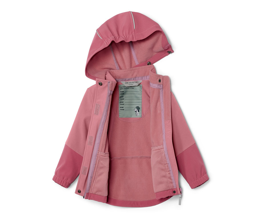 Offene Kinder-Softshelljacke mit Farbwechsel bei Regen, rosa, mit Kapuze.