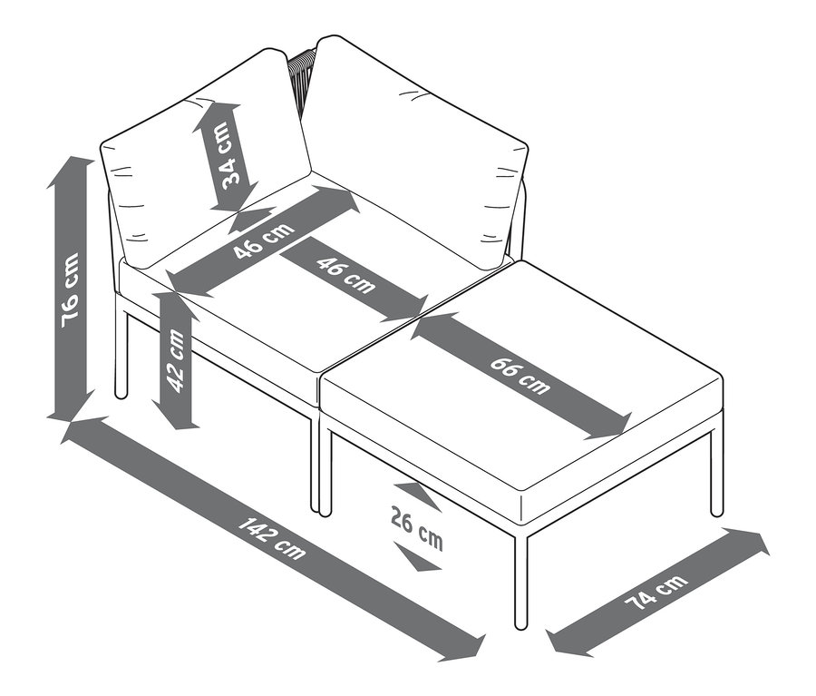 Abmessungen der Modularen Lounge mit Textilgeflecht.