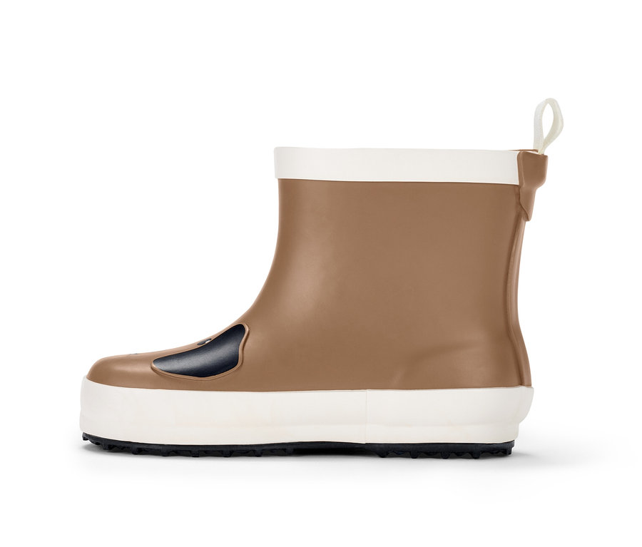 Ein brauner Kinder-Chelsea-Regenstiefel mit weißer Sohle und Rand.