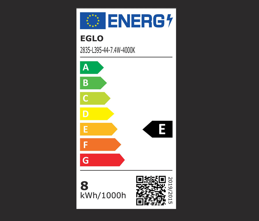 Ein Energieetikett mit Energieeffizienzklassen von A bis G, wobei das Produkt in Klasse E liegt.