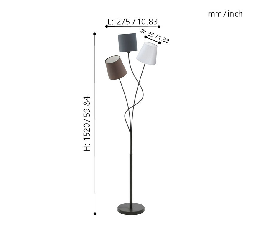 Abmessungen der Eglo-Stehleuchte »Maronda«: Höhe 1520 mm, Länge 275 mm, Durchmesser 35 mm.