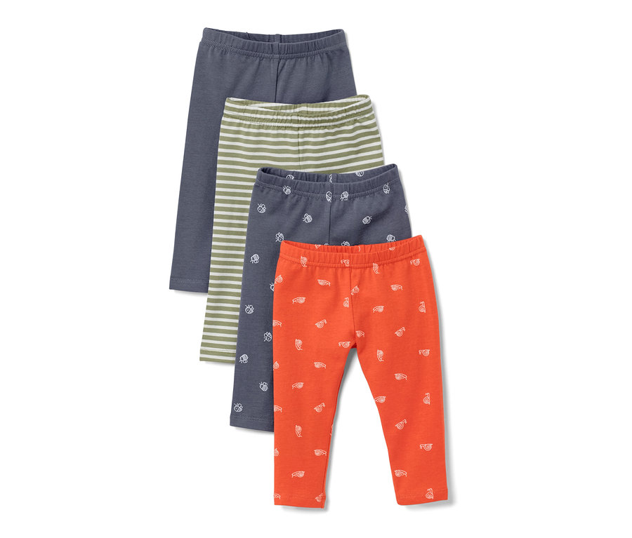 Vier Baby-und Kleinkinderleggings: eine grau, eine grün gestreift, eine grau mit Bienenmuster und eine orange mit Sonnenbrillenmuster.