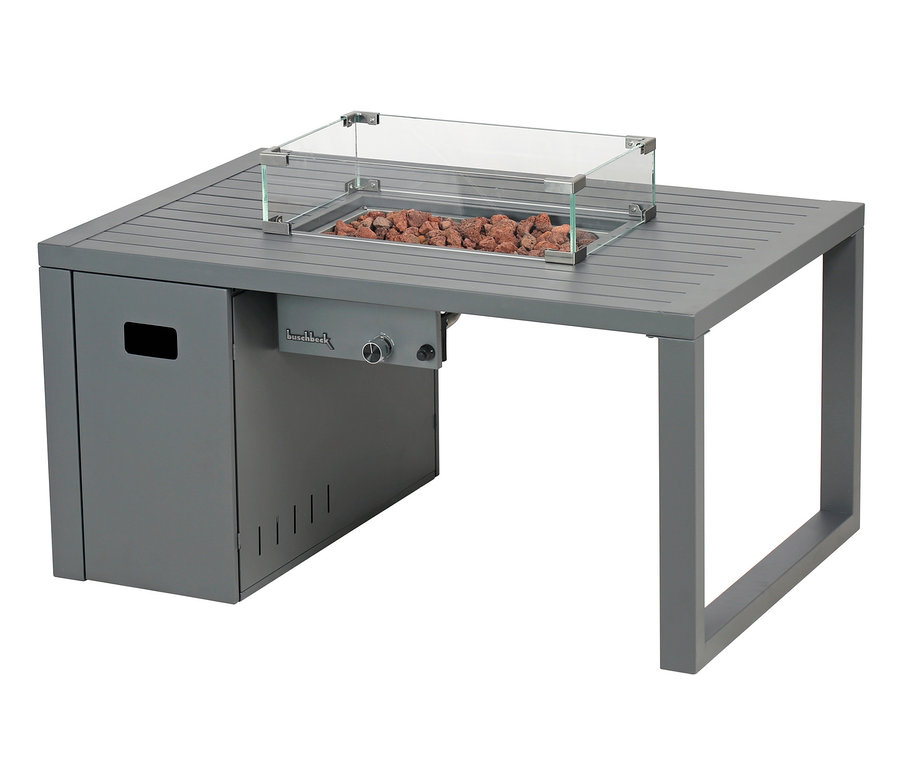 Grauer Buschbeck Loungetisch Lagos mit Lavasteinen und Glasaufsatz.