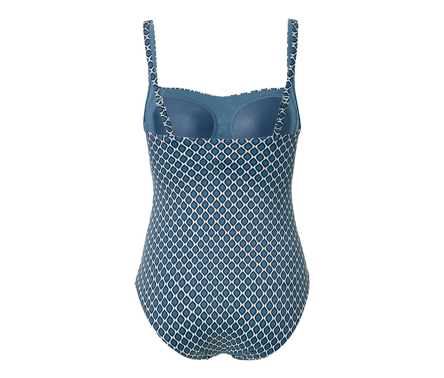 Blauer, figurformender Badeanzug mit Alloverprint.