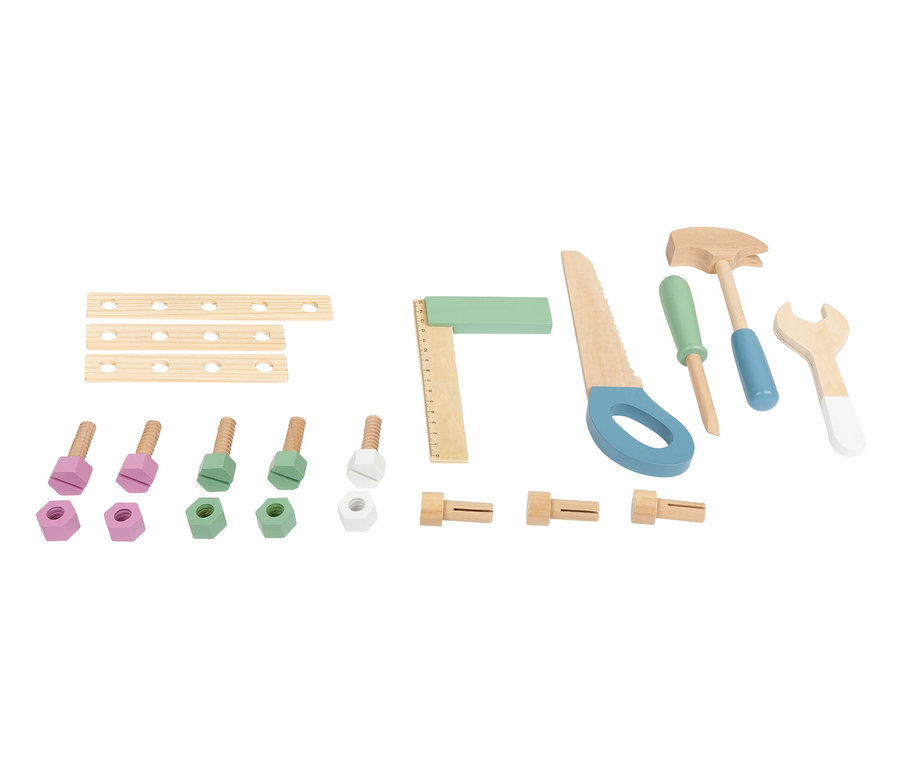 small foot Werkbank kompakt »Nordic« Werkzeug: Holzsäge, Hammer, Schraubendreher, Schraubenschlüssel, Schrauben, Muttern und Verbindungselemente.