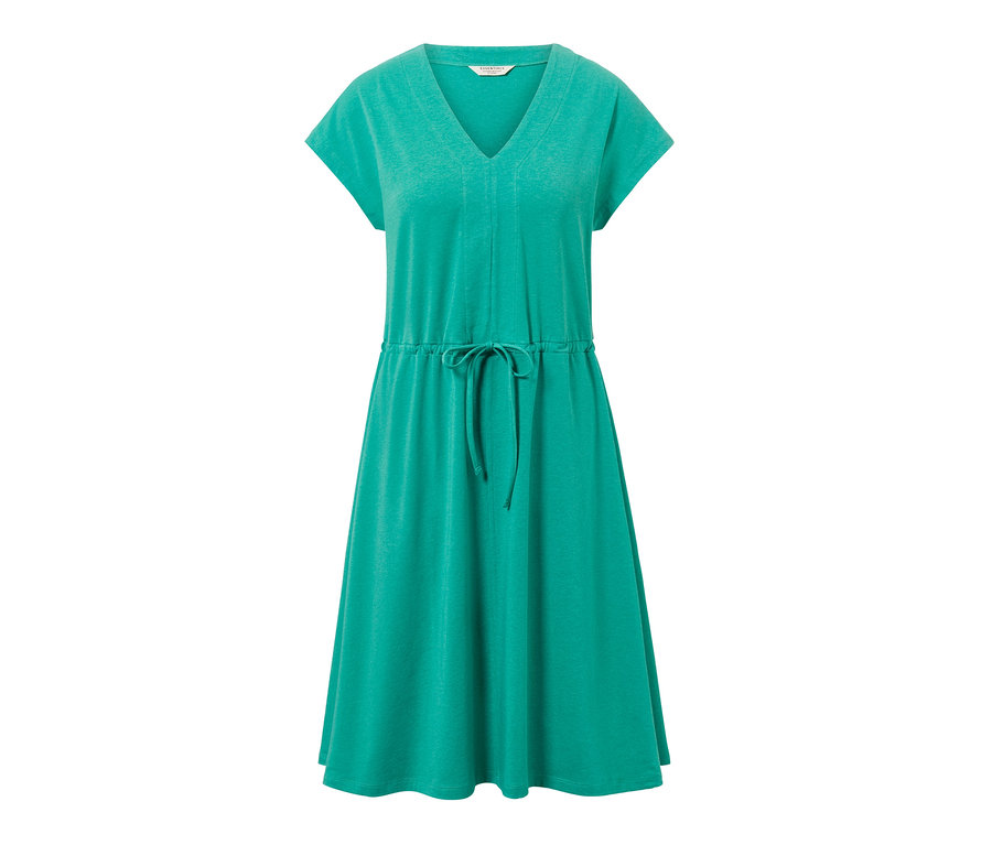 Türkises Jerseykleid mit Bindeband.