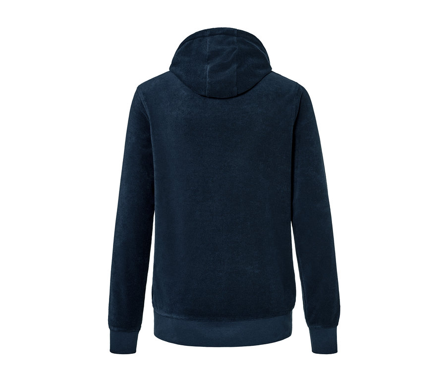 Detailansicht der Rückseite einer blauen Frottee-Kapuzenjacke.