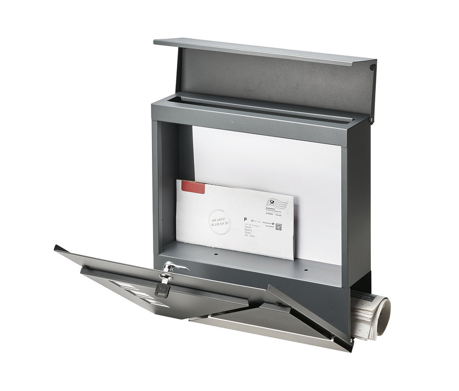 Offener AMARE Briefkasten mit Zeitungsfach, anthrazit-edelstahlfarben.