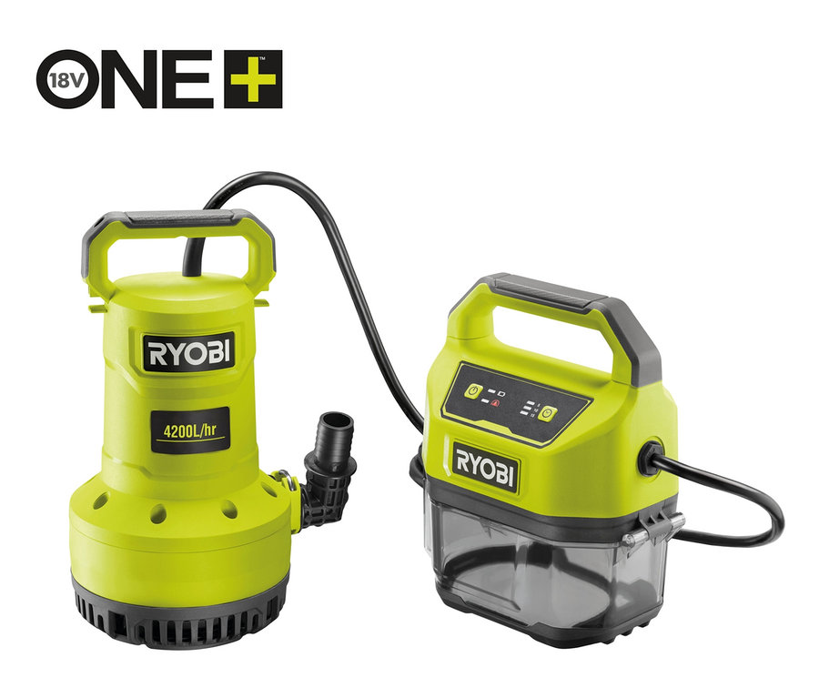 Zwei grüne RYOBI 18 V One+ Akku-Tauchpumpen ohne Akku und Ladegerät auf weißem Hintergrund.