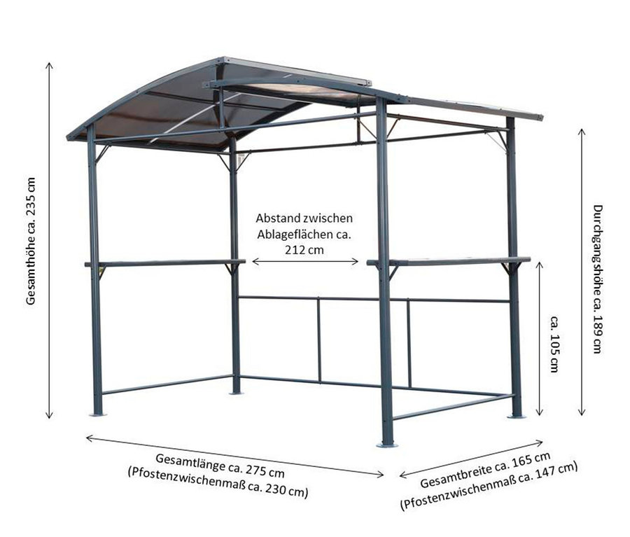 Abmessungen des Profi-Grillpavillons XXL: Gesamthöhe ca. 235 cm, Länge ca. 275 cm, Breite ca. 165 cm, Durchgangshöhe ca. 189 cm, Abstand zwischen den Ablageflächen ca. 212 cm.