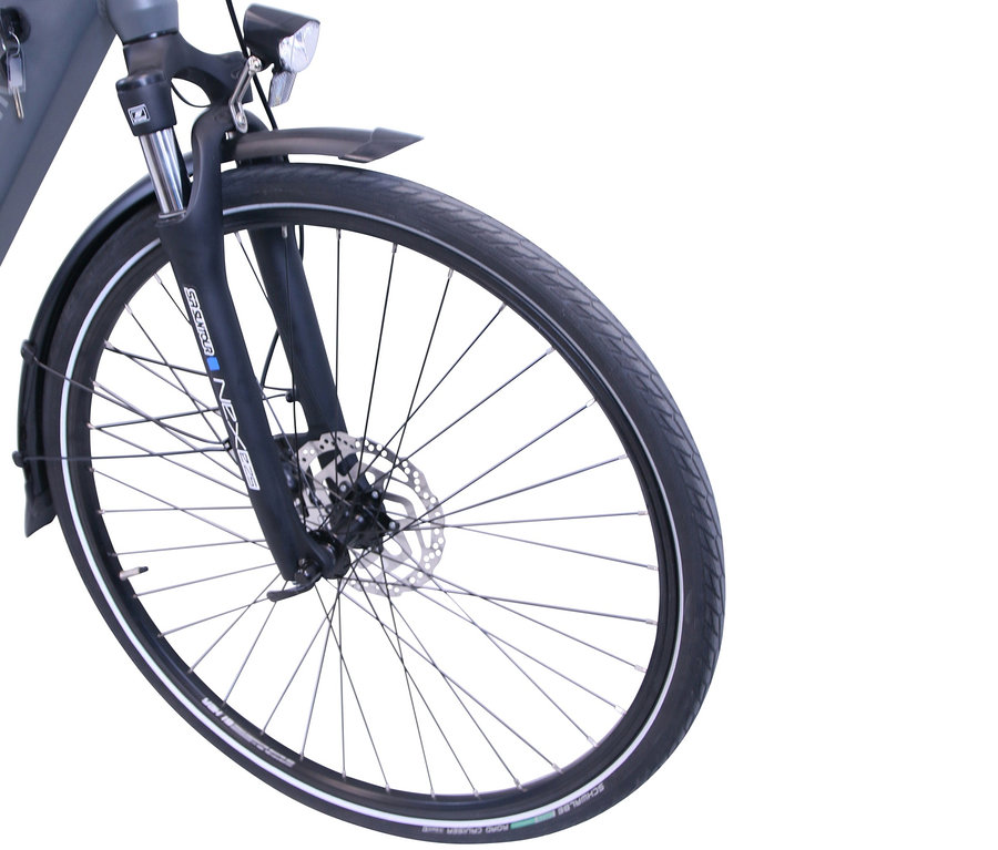 Detailaufnahme eines grauen HAWK Bikes E-Bike Damen "eCity Wave Integrated Lady STEPS".