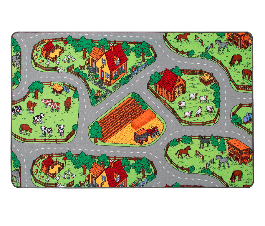 Spielteppich BAUERNHOF, ca. 140 x 200 cm mit Bauernhoftieren und Häusern.