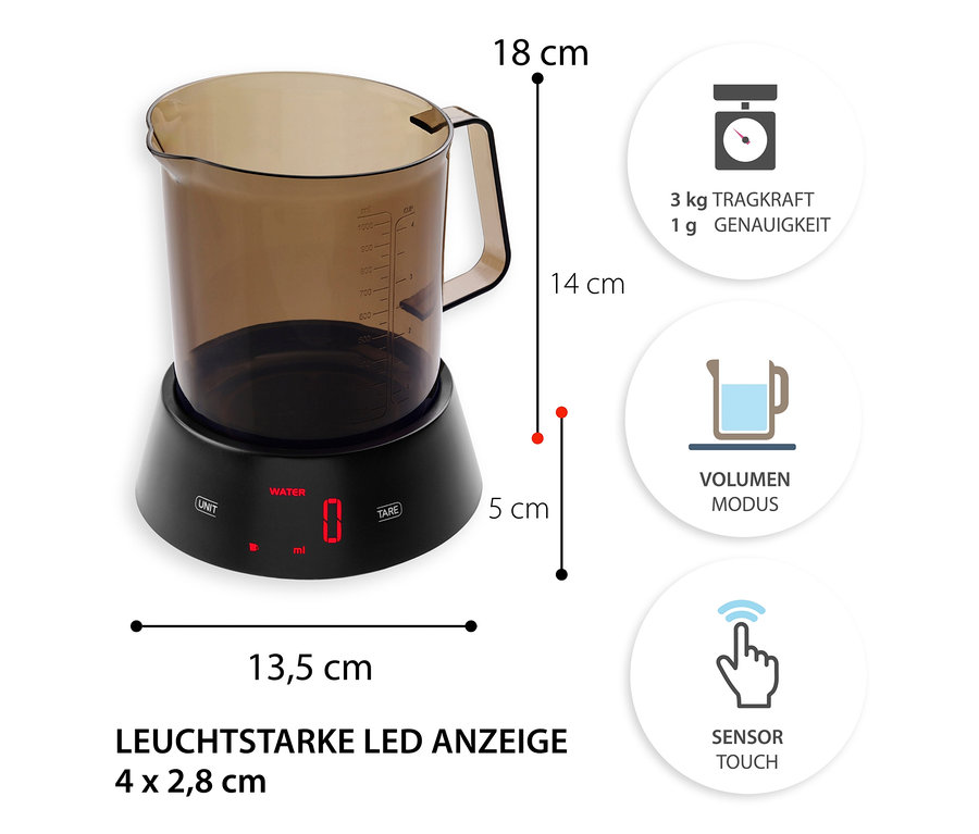 ADE Digitale Messbecherwaage »Rebecca« steht auf einem schwarzen Sockel mit LED-Anzeige.