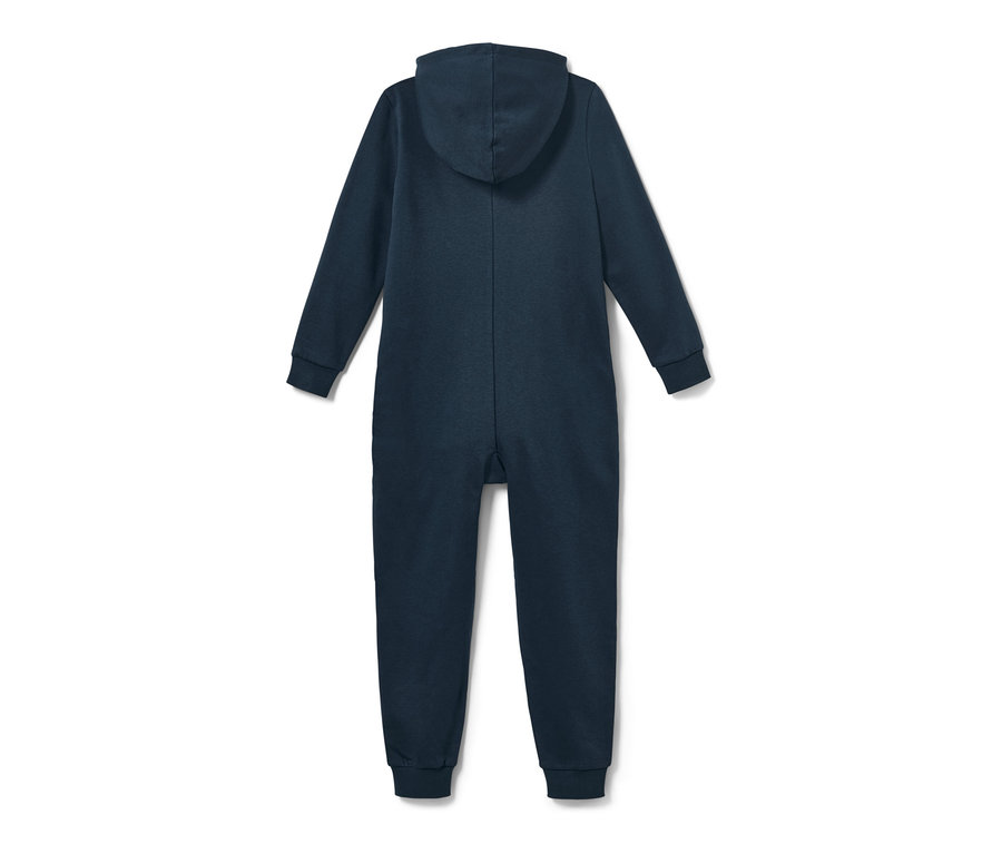 Dunkelblauer Kinder-Lounge-Overall mit Kapuze, von hinten gezeigt.