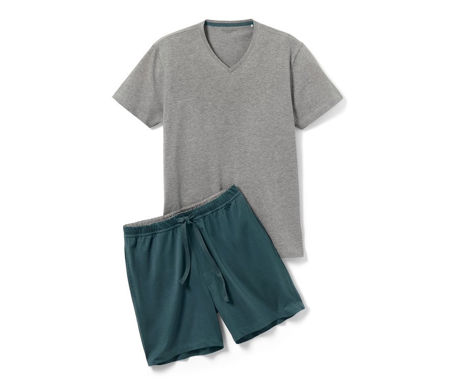 Grauer Shorty-Pyjama mit Kurzarm-Oberteil und blaugrünen Shorts.