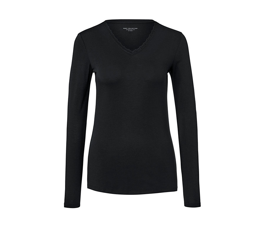 Schwarzes Thermo-Langarmshirt mit V-Ausschnitt und Spitzenbesatz.