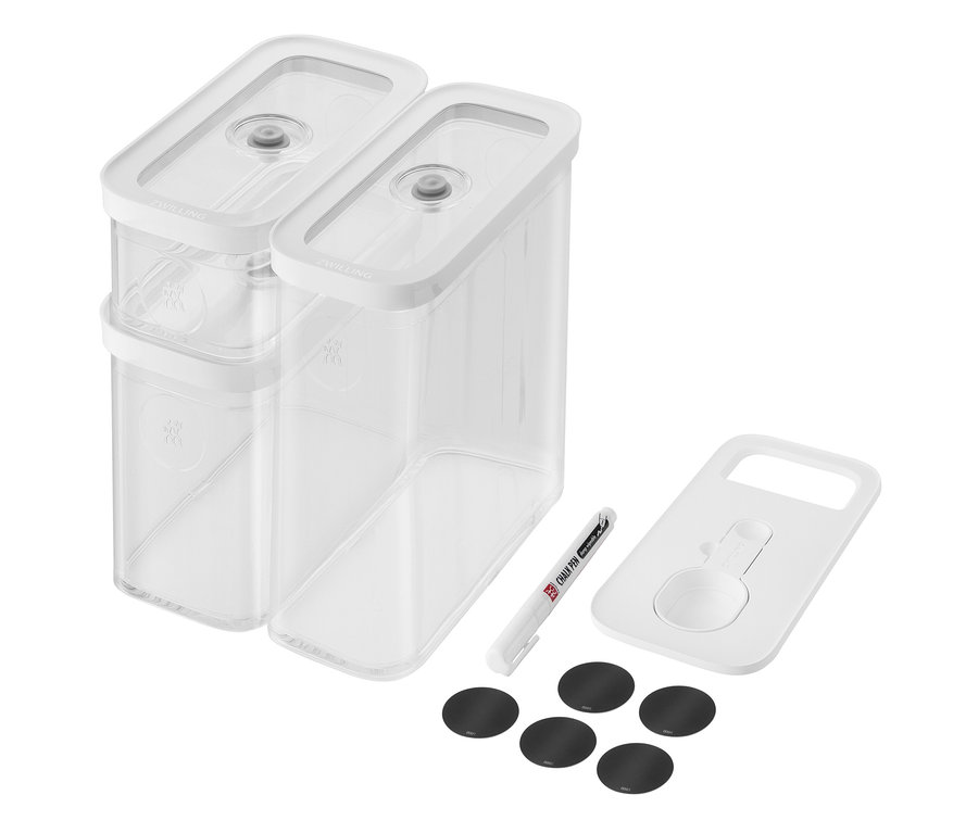Zwei durchsichtige ZWILLING FRESH & SAVE CUBE Vakuum-Boxen, 5-teiliges Set M, mit weißen Deckeln und Zubehör.