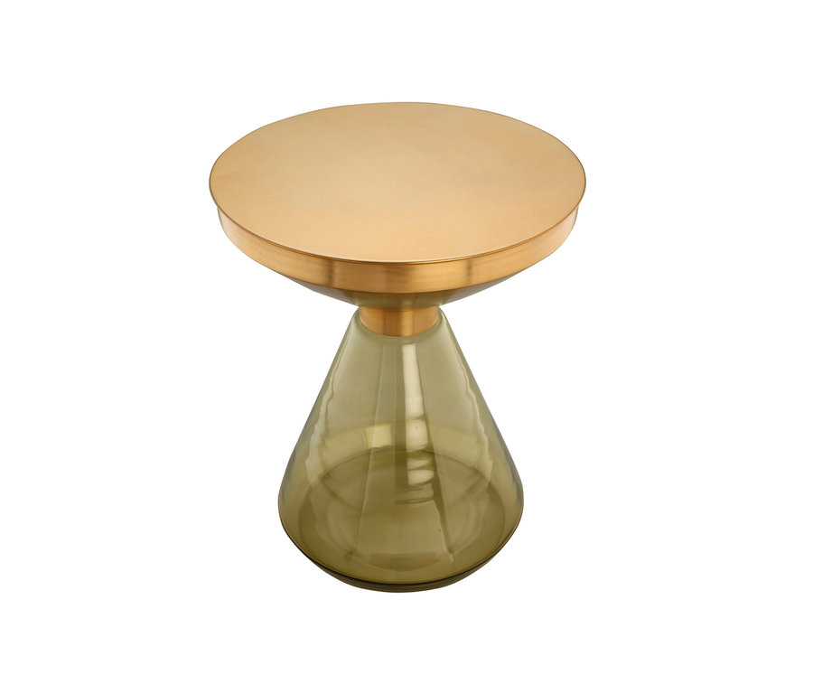 Goldener Kayoom Beistelltisch »Roman« mit olivgrünem Glasfuß.
