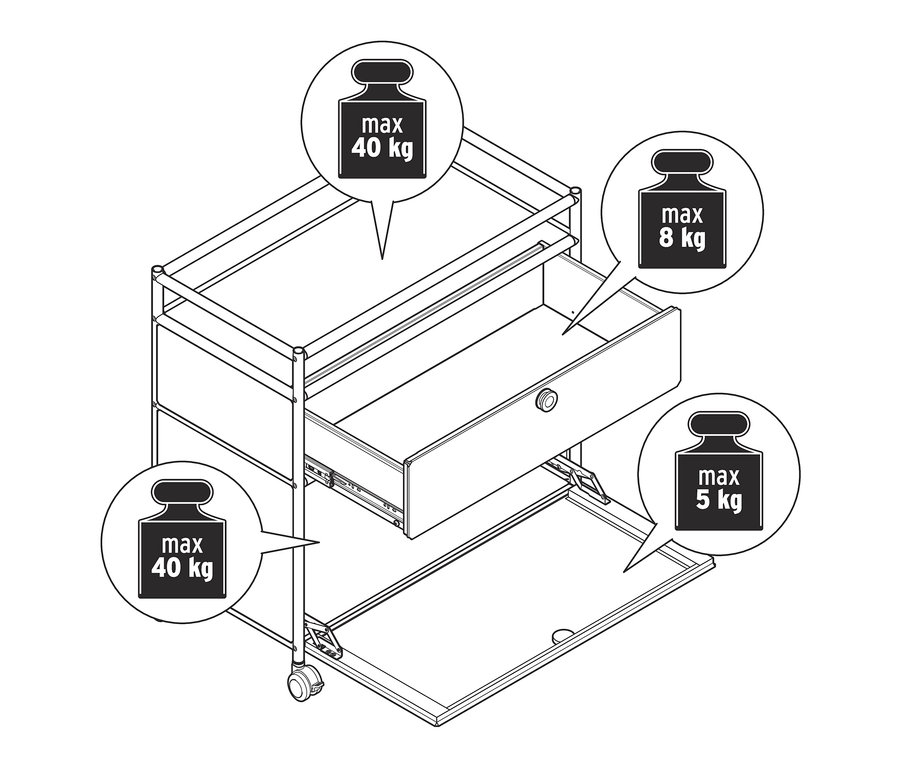 Illustration einer Kommode Metall »CN3« mit 1 Schublade, 1 Klappenfach und Umrandung.