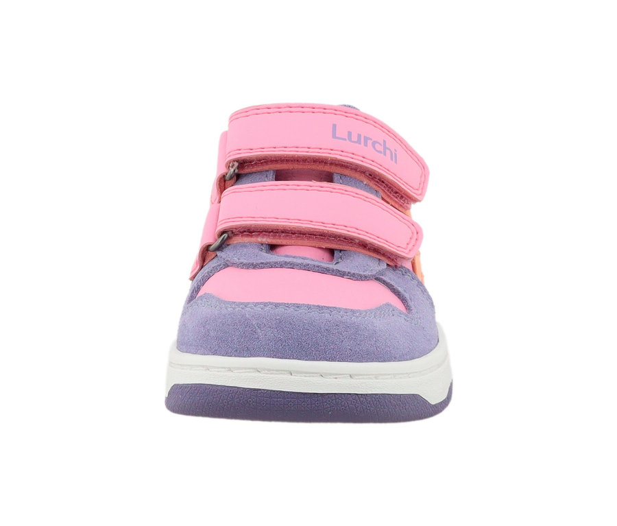 Nahaufnahme eines Lurchi Sneakers in Lila und Orange.