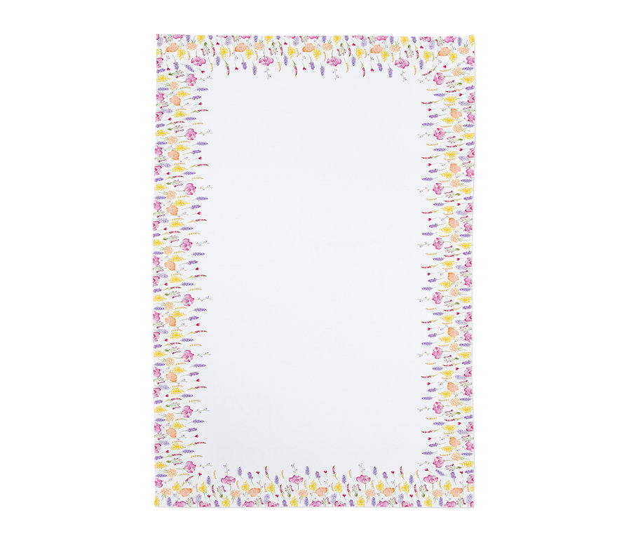 Weiße Baumwoll-Tischdecke mit Blumenmuster am Rand.