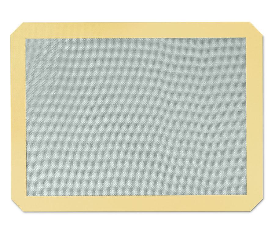 Eine rechteckige Profi-Dauerbackmatte mit gelbem Rand und grauem Gittermuster in der Mitte.