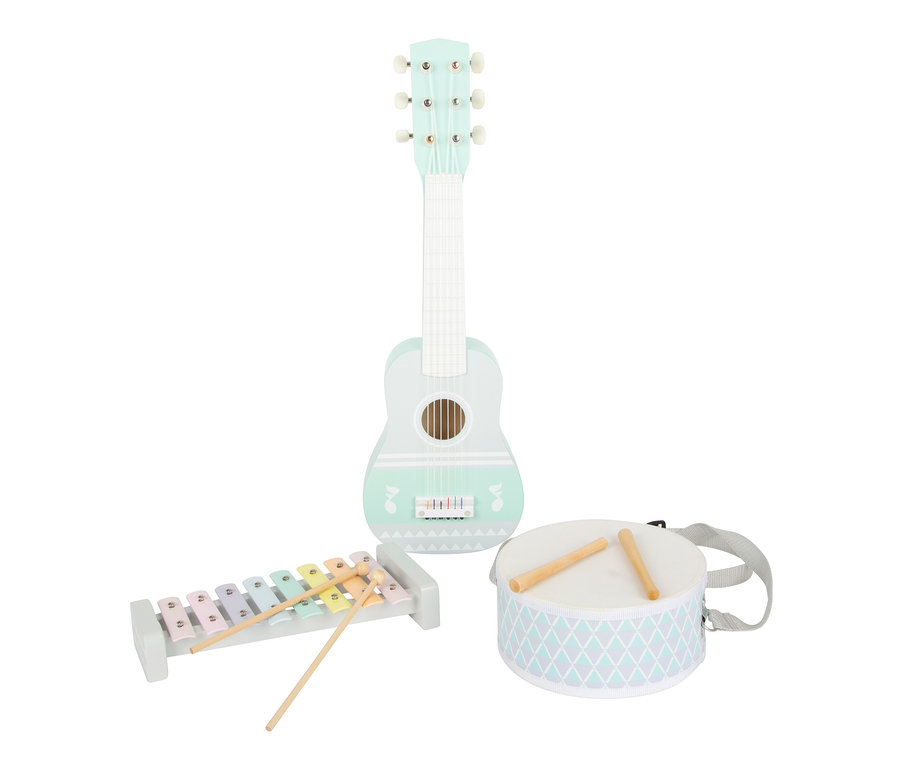 Ein pastellfarbenes Spielzeug-Musikset beinhaltet eine Gitarre, ein Xylophon und eine Trommel.