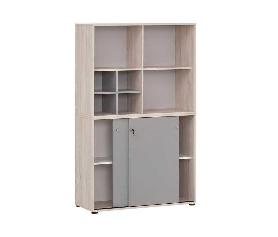 Regal mit Fächern und grauer Schiebetür. Sichtbar ist ein 3-teiliges Büromöbel-Set »Serie 400« in platingrau und Sandeichen-Dekor.