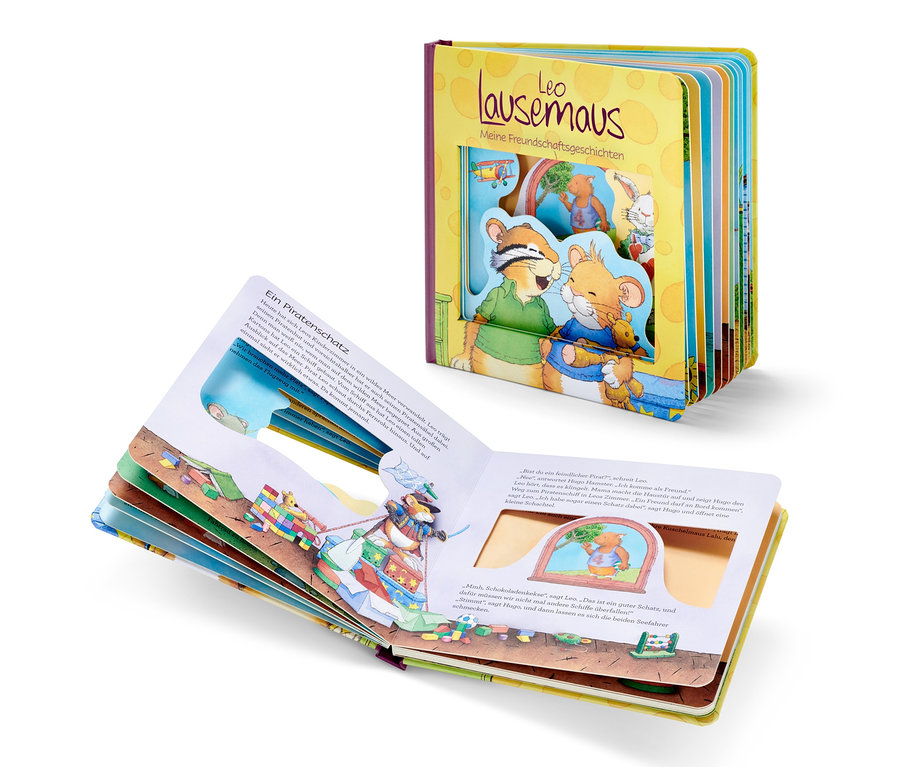 Das Buch »Leo Lausemaus – meine Freundschaftsgeschichten« ist geöffnet und zeigt Illustrationen.