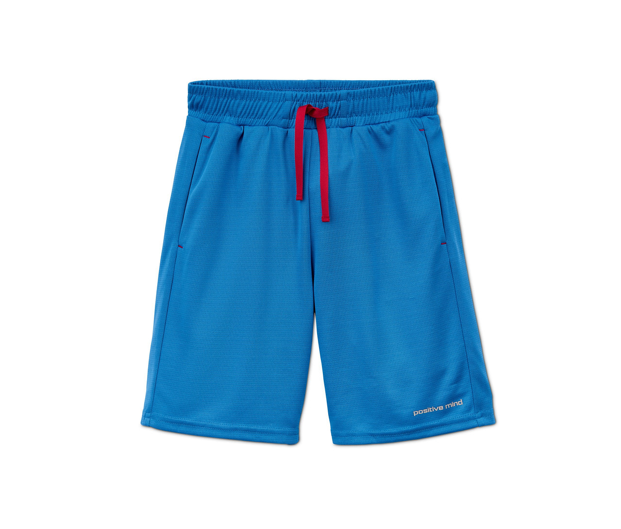 Blaue Jungen-Sportshorts aus recyceltem Material mit rotem Kordelzug.