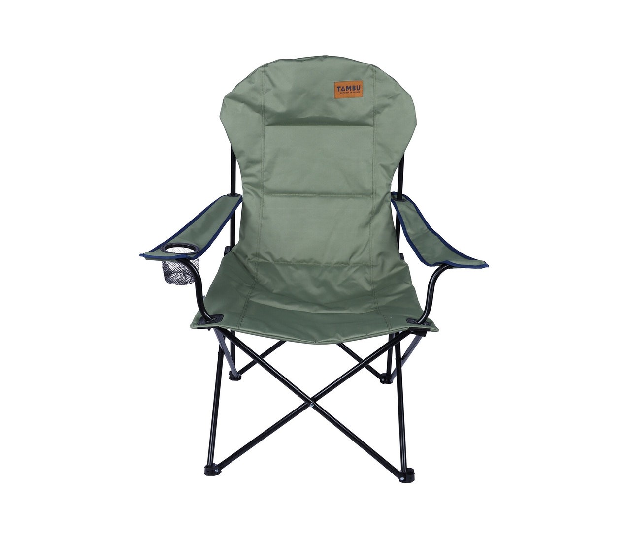 Ein grüner Tambu Camping-Faltstuhl »BENGALA« mit Getränkehalter.