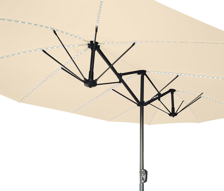 Detailansicht von unten des beigen LECO Doppel-Sonnenschirms mit LED-Beleuchtung, oval, ca. 270 x 460 cm.