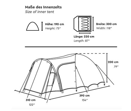 Diagramm der Abmessungen des Tambu 5-Personen-Kuppelzelts »SETU 5«.