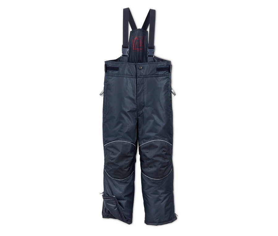 Marineblaue Schneehose mit Latz und verstellbaren Trägern aus recyceltem Material.
