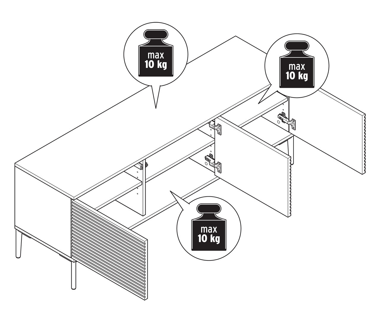 Eine Skizze eines weißen Fernsehschranks im Lamellen-Look mit offenen Türen. Maximale Belastbarkeit 10 kg.