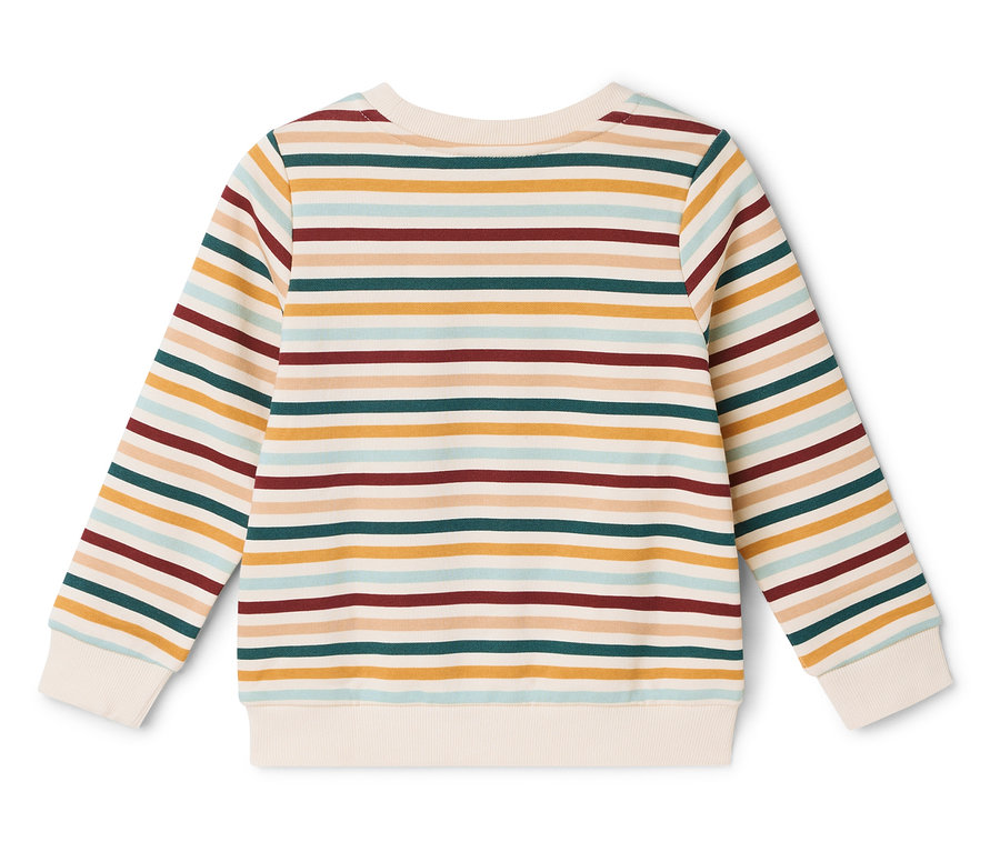 Gestreifter Pullover mit langen Ärmeln in den Farben Beige, Rot, Gelb, Grün und Blau.