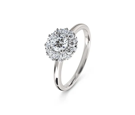 Detailaufnahme eines silbernen Rings mit einem zentralen runden Stein, der von kleineren Steinen umgeben ist.