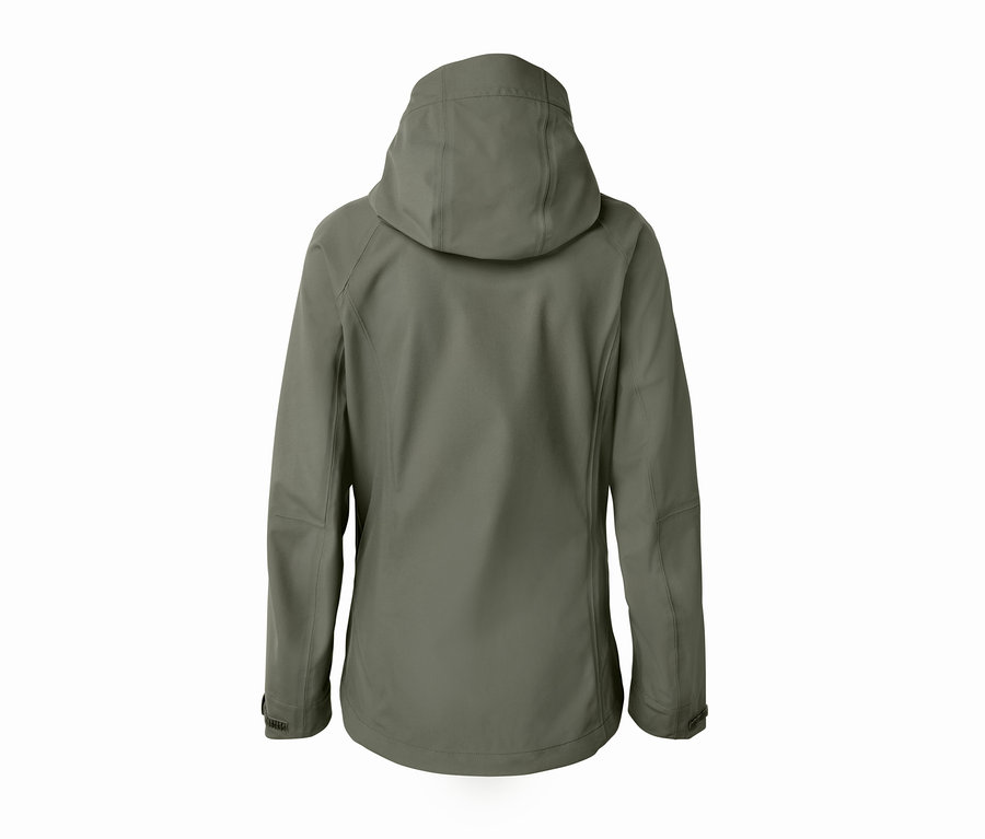 Rückansicht einer olivgrünen 3-Lagen-Outdoorjacke mit Kapuze.
